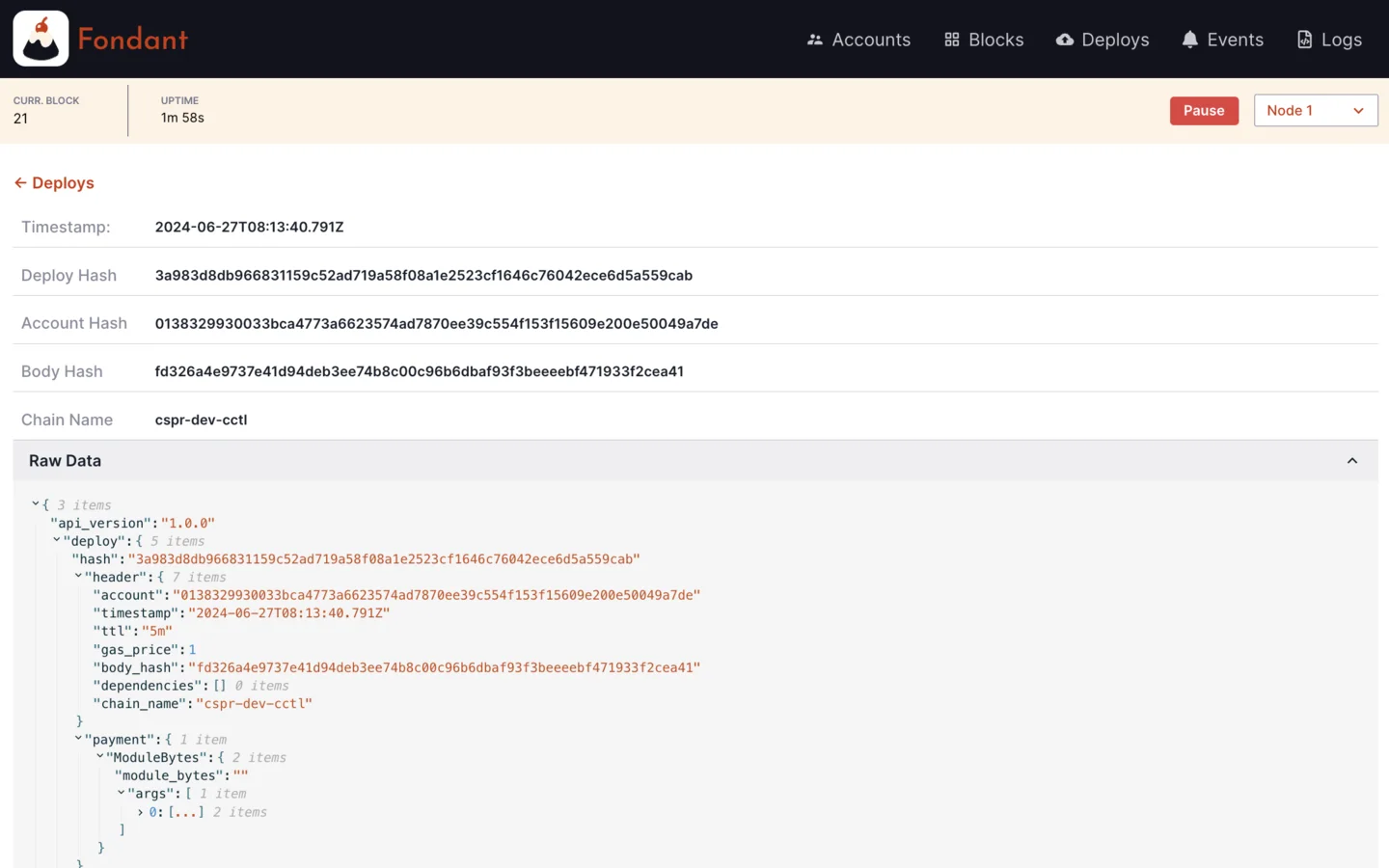 Real Fondant interface showing local Casper deploy hashes, account hashes, timestamps, node selection, and network controls