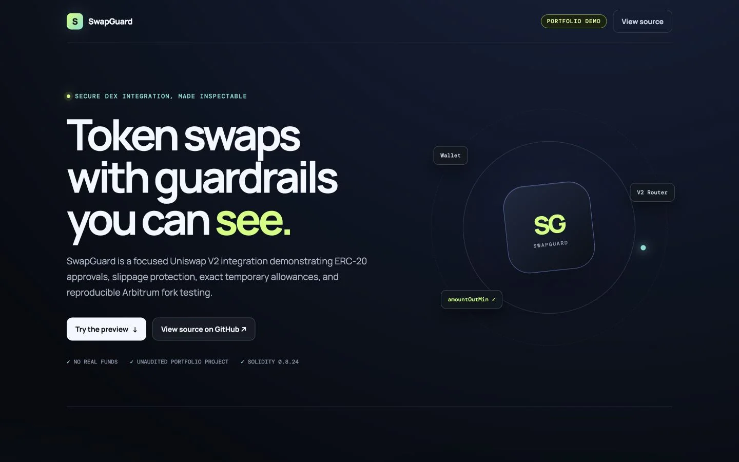 SwapGuard portfolio demo showing its no-real-funds token-swap guardrails and wallet-to-router flow