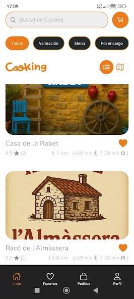 Public Cooking customer app screen showing nearby kitchens in a searchable marketplace list