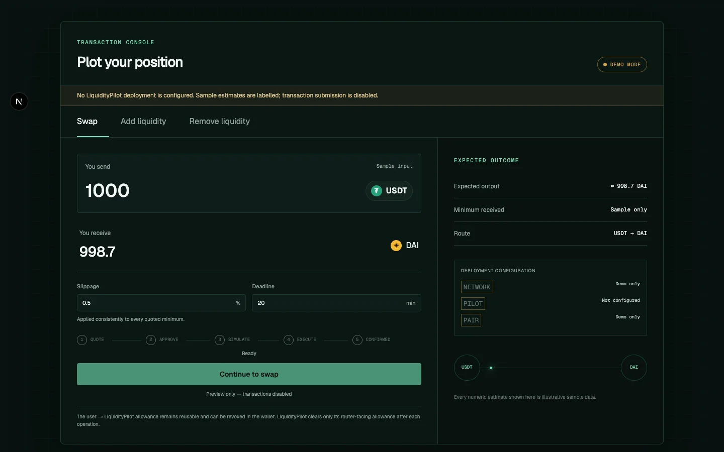LiquidityPilot transaction console showing swap and V2 liquidity-management controls